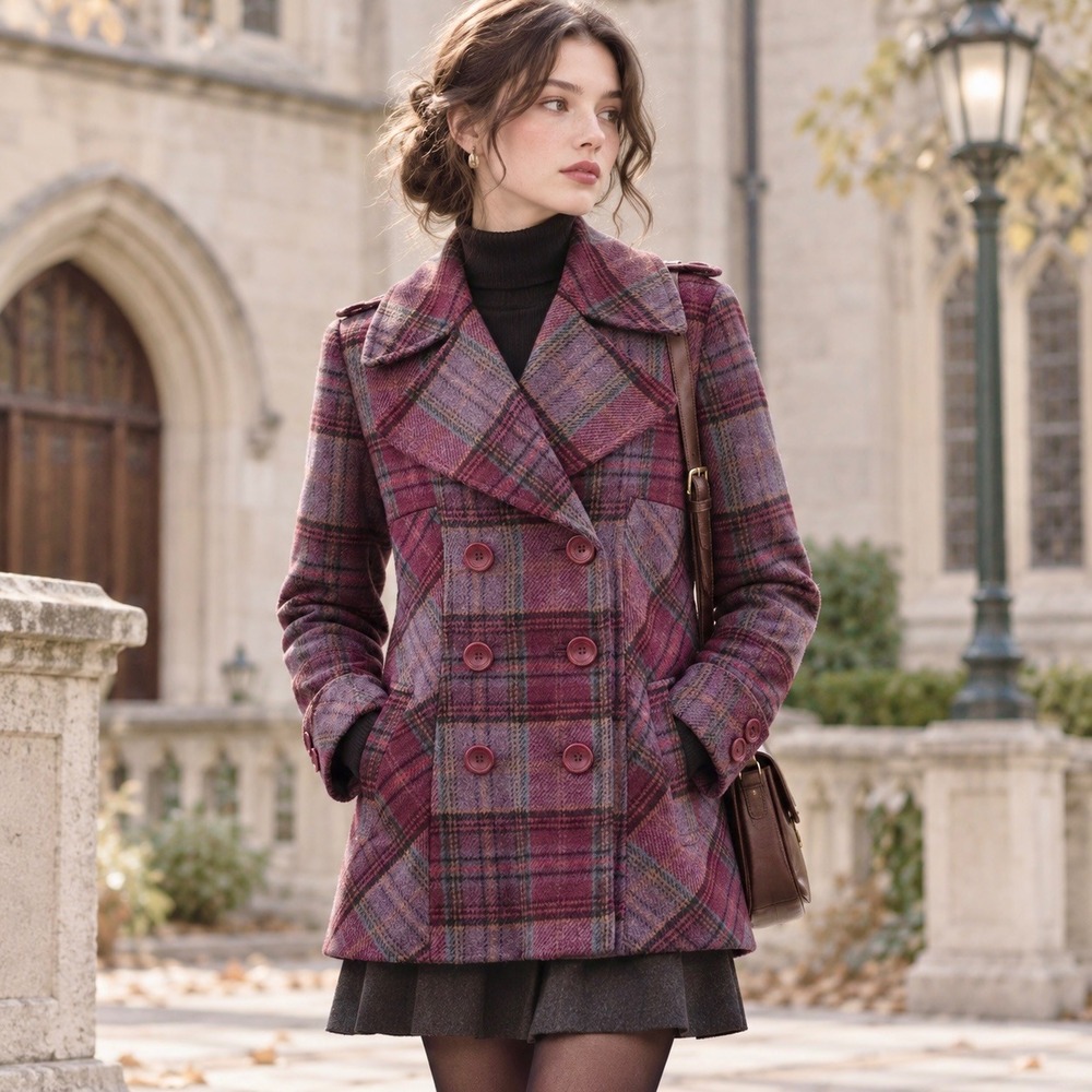 Vintage Y2K Moda International Purple Plaid Wool Peacoat Dark Academia Preppy M